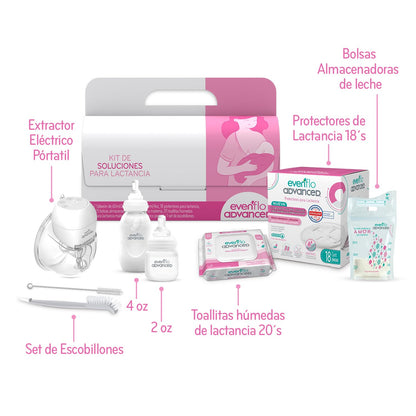Evenflo Advanced Set de Lactancia con Extractor Eléctrico, Incluye 6 Artículos, Pezoneras, Protectores, Toallitas, Biberón 60ml, Bolsas Almacenadoras de Leche Materna
