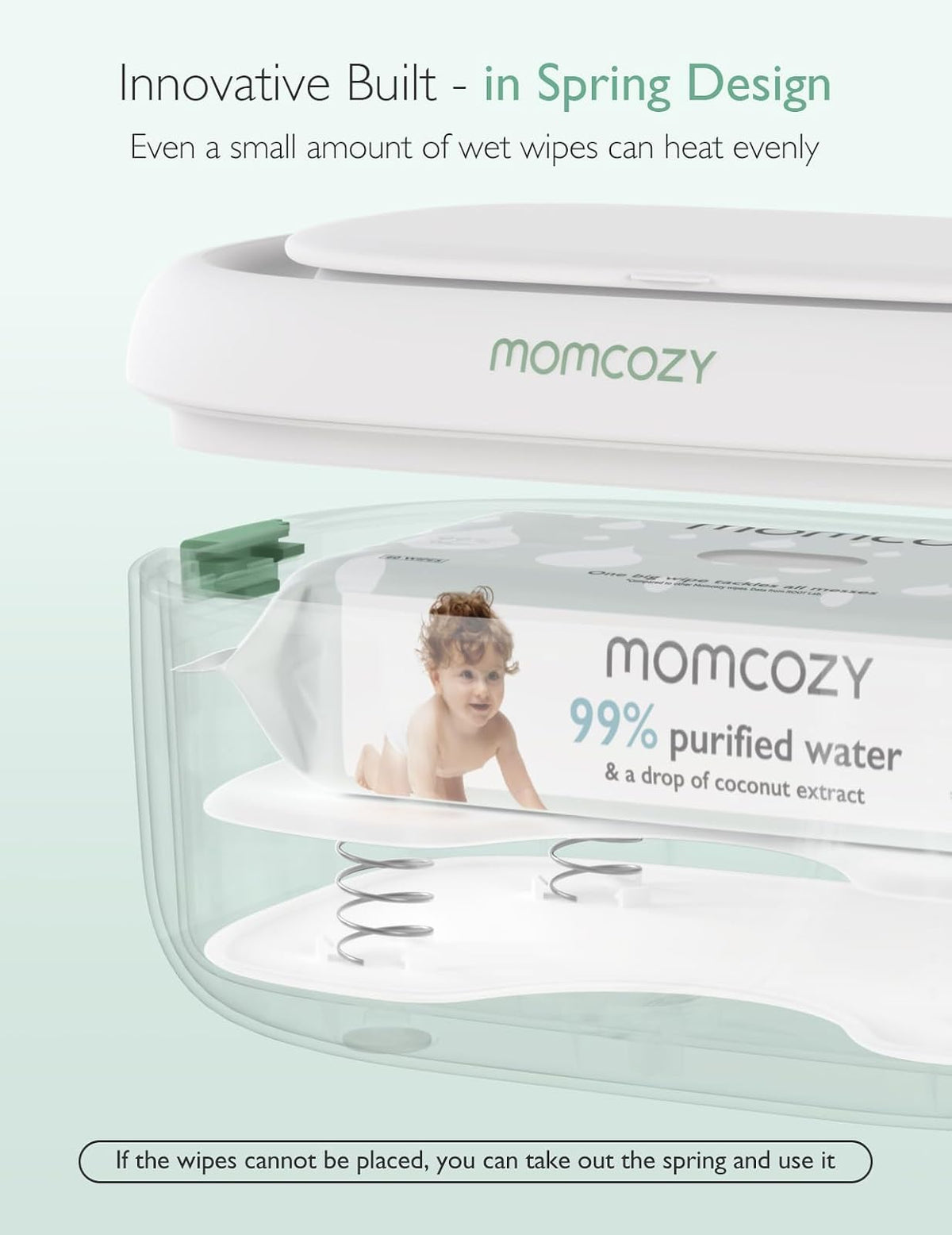 Momcozy - Calentador de Toallitas Mejorado, Doble Sellado para un Dispensador de Toallitas de Máxima Humedad, Innovador Diseño de Resorte, Compatible con 60-80 Toallitas, Calentador de Pañales con luz