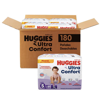 HUGGIES UltraConfort Pañal Desechable para Bebé, Etapa 5 Niña, Paquete con 180 Piezas, Ideal para niñas de 11 a 14.5kg