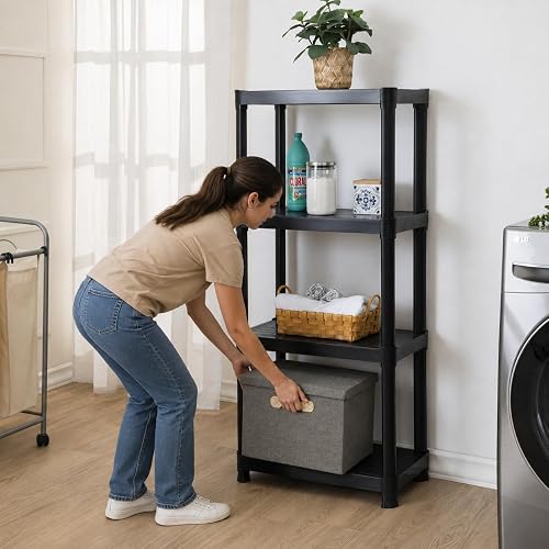 Italhome Rack de Plástico 4 Niveles, Estante Organizador Multiusos para Cocina, Garaje u Oficina, Resistente hasta 100 kg, Ahorro de Espacio, Color Negro