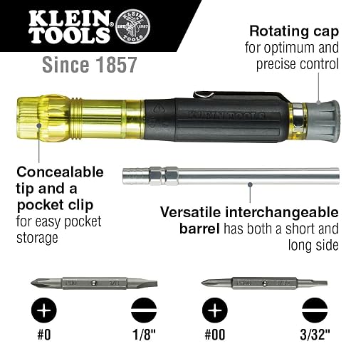 KLEIN TOOLS 32614 | Desarmador Multipunta | 4 En 1 | Uso Electrónico | Desarmador 4 en 1 con puntas intercambiables, ideal para reparar electrónicos y hacer ajustes pequeños con mayor control.