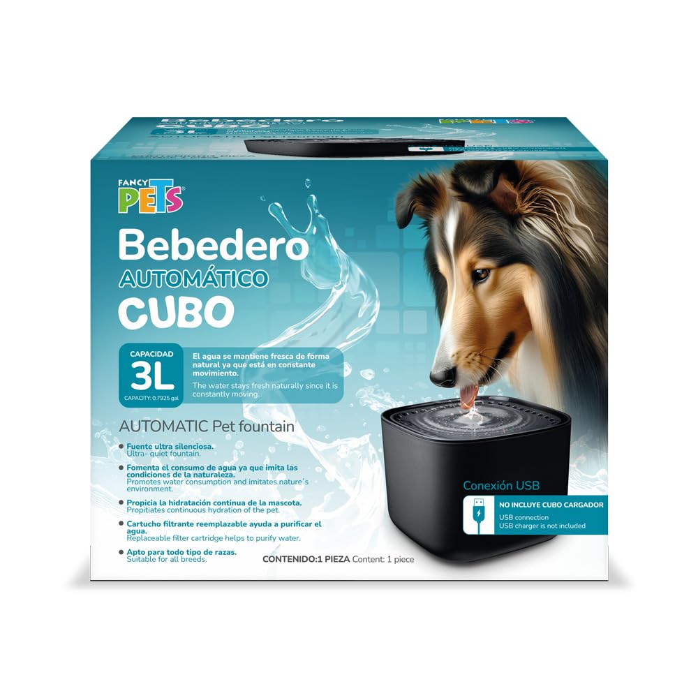 Fancy Pets Bebedero Automático para Perros y Gatos, 3L, con Filtro de Carbón Activado, Agua Fresca, Recirculación Silenciosa, Diseño Cubo Negro