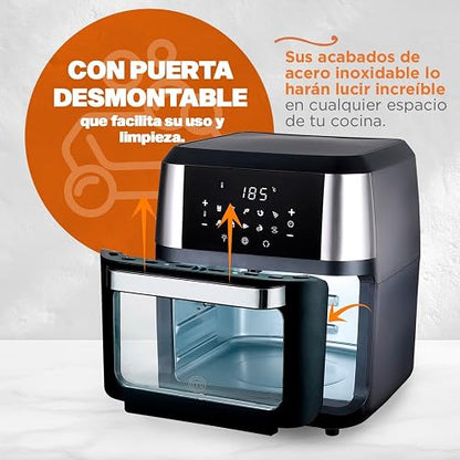 Hukën x MasterChef | Horno Freidora de Aire Multifuncional Premium 12 L | 10 Funciones | Panel Touch | Apagado Automático | Luz Interna | Acero Inoxidable | Accesorios y Recetario