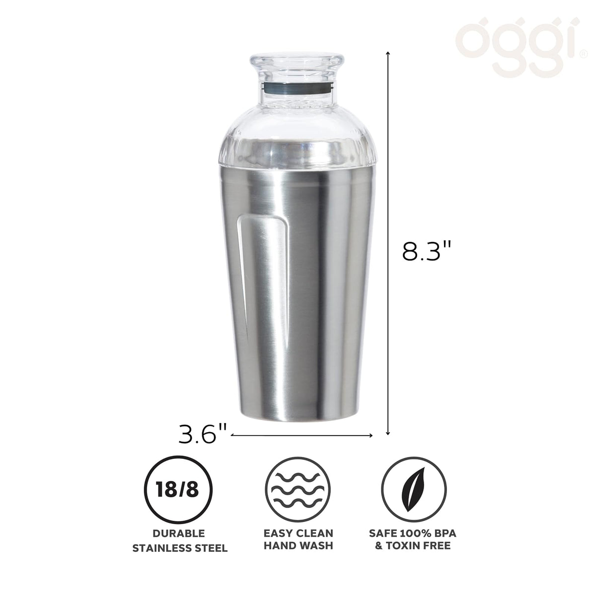 Oggi Groove - Coctelera aislada de acero inoxidable, de doble pared aislada al aspiradora, de 16 onzas, tapa Tritan tiene colador integrado, mezclador de cóctel ideal, coctelera Martini, coctelera Margarita, acero inoxidable
