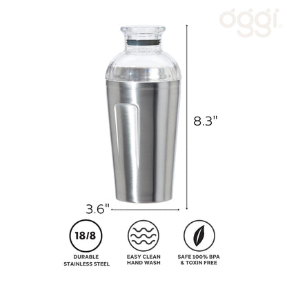 Oggi Groove - Coctelera aislada de acero inoxidable, de doble pared aislada al aspiradora, de 16 onzas, tapa Tritan tiene colador integrado, mezclador de cóctel ideal, coctelera Martini, coctelera Margarita, acero inoxidable