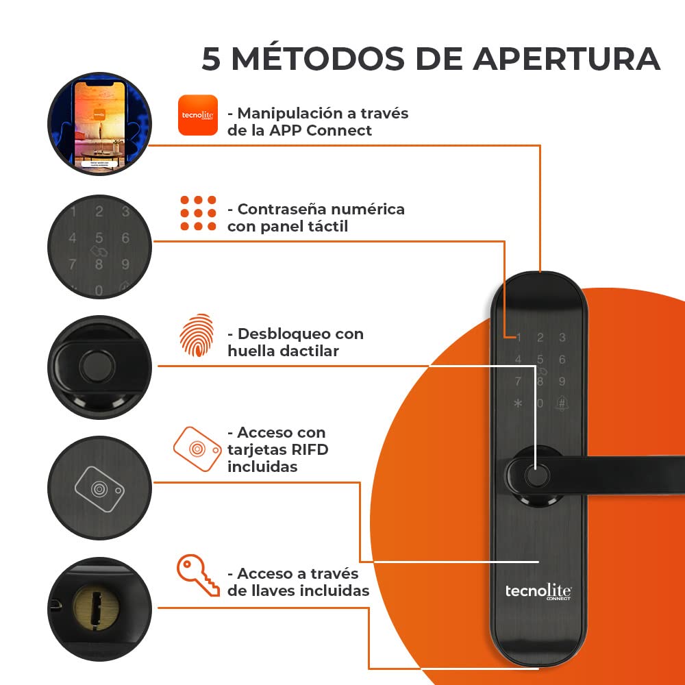 Tecnolite Connect - Cerradura Inteligente WiFi, 5 Métodos Apertura: Huella, Llave, Tarjeta RIFD y Contraseña, Acceso App Móvil, Protección IP43, Panel Touch Iluminado