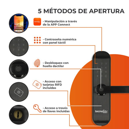 Tecnolite Connect - Cerradura Inteligente WiFi, 5 Métodos Apertura: Huella, Llave, Tarjeta RIFD y Contraseña, Acceso App Móvil, Protección IP43, Panel Touch Iluminado