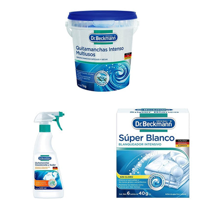 Dr. Beckmann, Quitamanchas Intenso Multiusos, en Polvo, 1 kg + Quitamanchas Desodorante y Sudor 500 ml + Blanqueador Intensivo, Súper Blanco