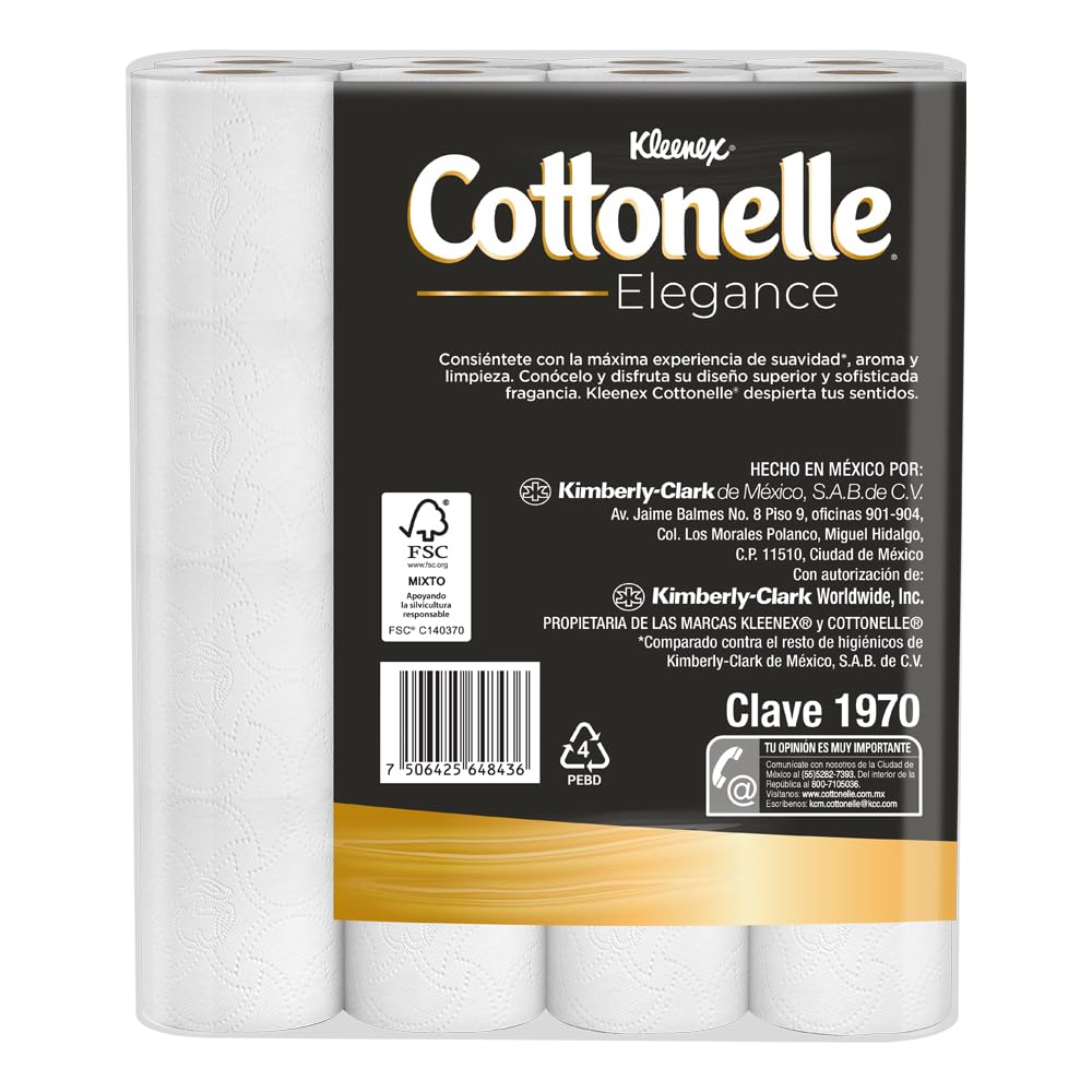 Kleenex Cottonelle Elegance XL, Papel Higiénico Extra Largo, Paquete con 32 Rollos de 228 Hojas Dobles C/U