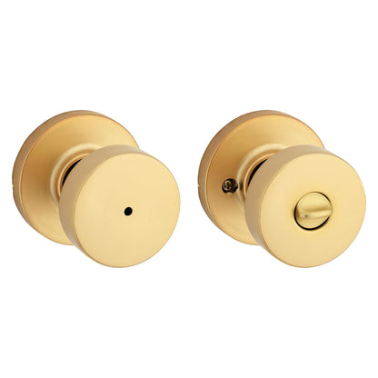 Kwikset Pismo - perilla de puerta de privacidad interior con cerradura, manija de puerta para baño y recámara, latón satinado, redondo, sin llave, protección Microban