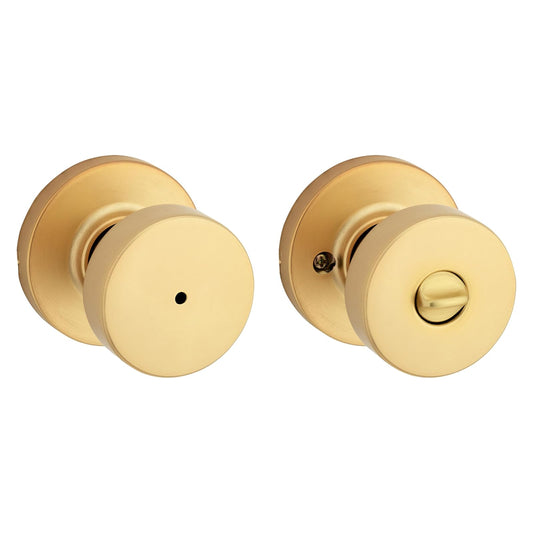 Kwikset Pismo - perilla de puerta de privacidad interior con cerradura, manija de puerta para baño y recámara, latón satinado, redondo, sin llave, protección Microban