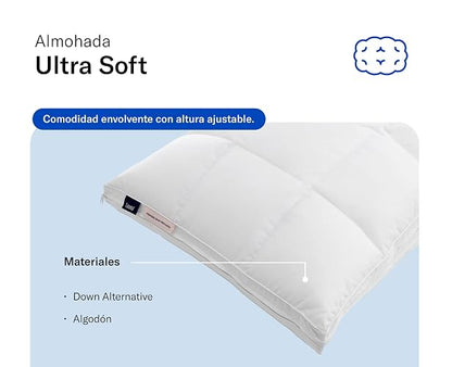 Luuna Almohada Ajustable Down Alternative, Funda 100% algodón, Alto Confort y Relleno Ajustable, Hipoalergénica y antiácaros, Blanco, King Size