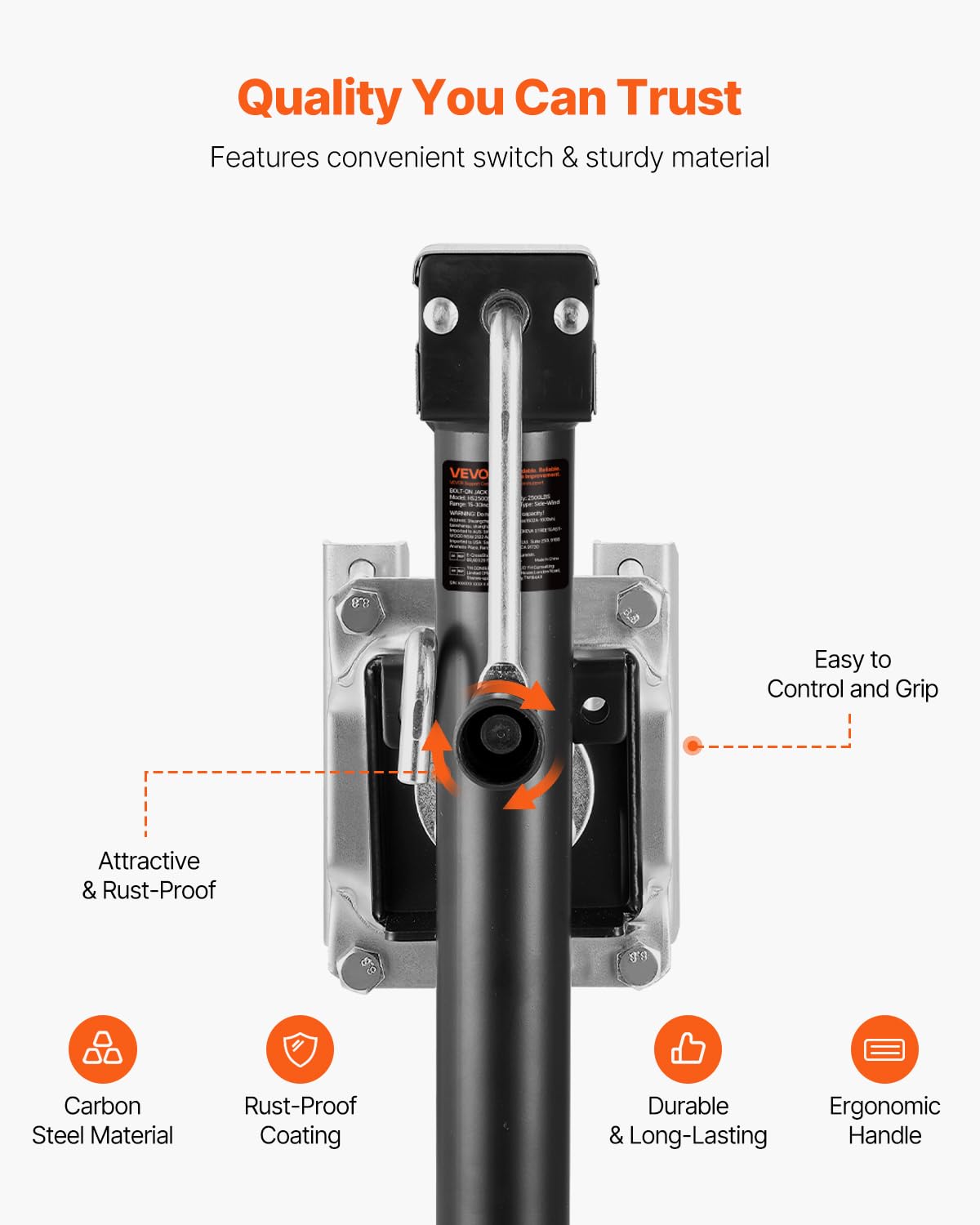 VEVOR Gato de Remolque, Capacidad de Carga dinámica de 2500 LB, Gato de Remolque Giratorio atornillable de Alta Resistencia con Mango ergonómico, Recorrido Vertical de 15 Pulgadas