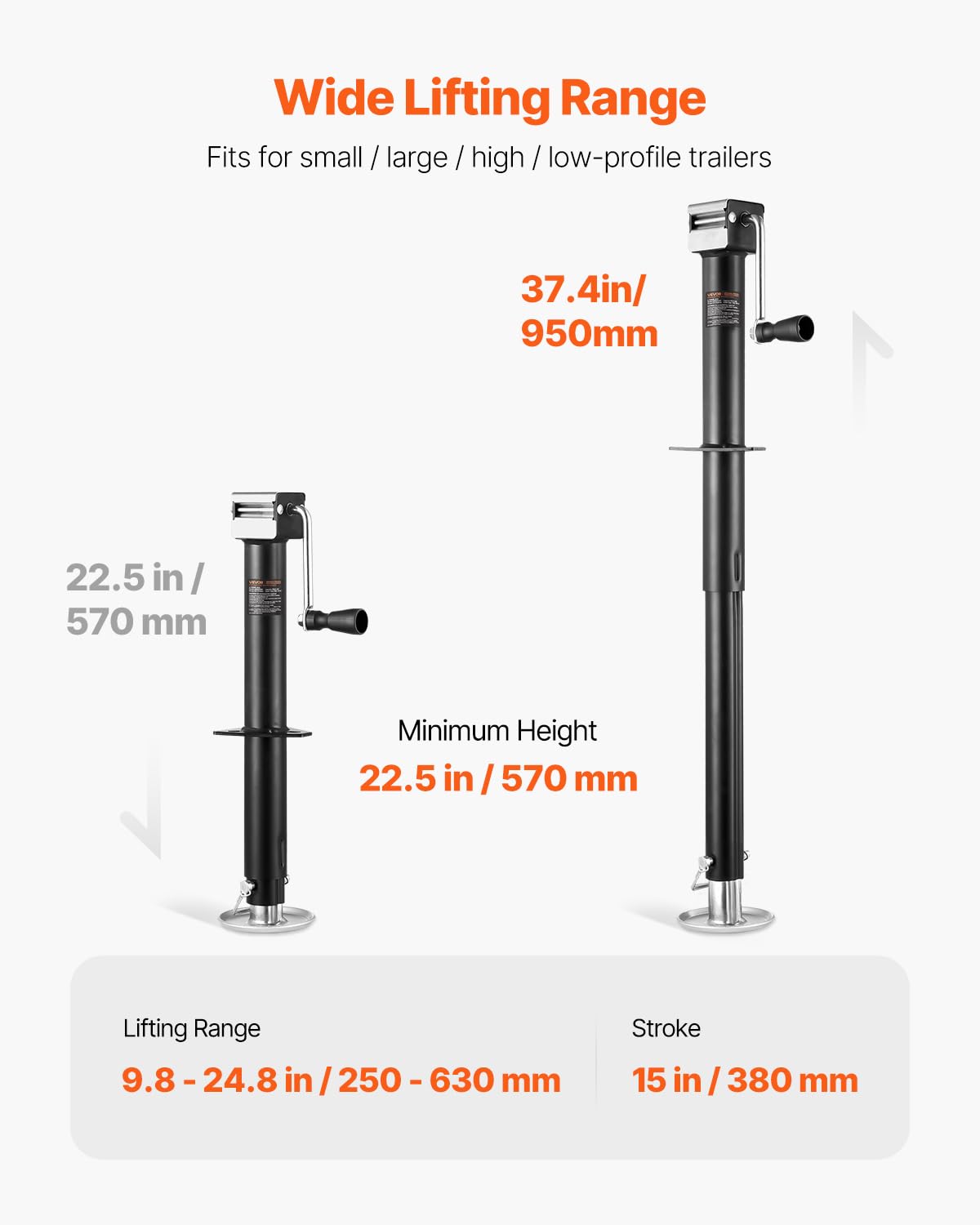 VEVOR Gato hidráulico para Remolque con Estructura en A, Capacidad de 5000 LB, Soporte con asa y Base Rectangular, Recorrido Vertical 15 Pulgadas, para autocaravanas, remolques para Caballos