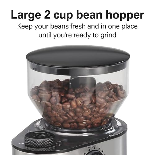 Hamilton Beach Molinillo de café eléctrico con tolva grande de 16 onzas y 18 ajustes para 2-14 tazas, acero inoxidable (80385)