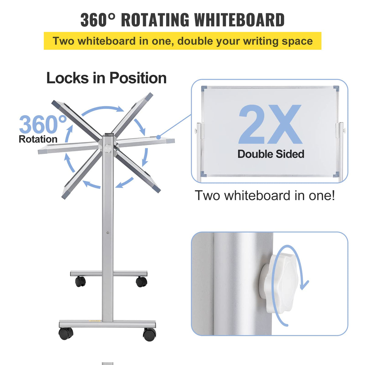 VEVOR - pizarrón blanca magnética móvil, 36 x 24 pulgadas, doble cara, reversible de 360 grados, tabla de borrado en seco, altura ajustable con marco de aluminio y ruedas giratorias bloqueables, para