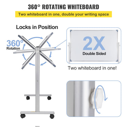 VEVOR - pizarrón blanca magnética móvil, 36 x 24 pulgadas, doble cara, reversible de 360 grados, tabla de borrado en seco, altura ajustable con marco de aluminio y ruedas giratorias bloqueables, para