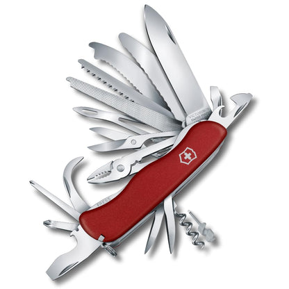 Victorinox Work Champ, Color Rojo, 111 mm, 31 Usos | Cuchillo de bolsillo grande con sierra para madera, sierra para metales, pinza y tijeras para acampar y bricolaje, 111 mm