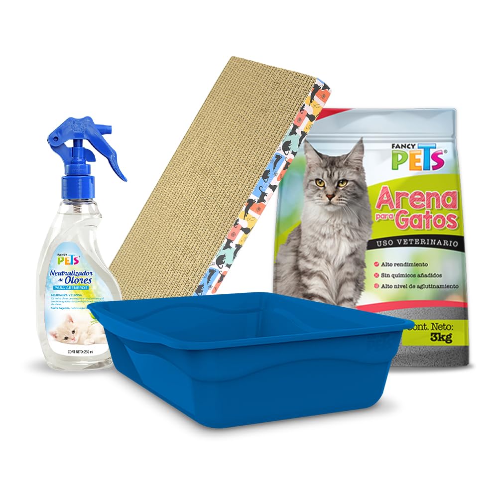 Fancy Pets Kit de Higiene para Gato: Arenero, Arena, Pala y Neutralizador de Olores - Arenero Abierto