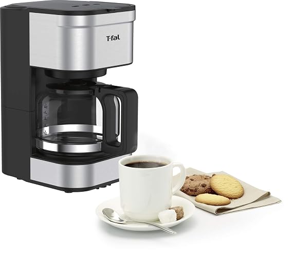 T-fal Cafetera de Filtro Elegance Inox CM223DMX | Capacidad 7 tazas, filtro permanente lavable, jarra de vidrio, sistema antigoteo