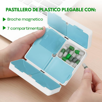 Pastillero de plástico plegable con broche magnético y 8 compartimentos.Organizador de pastillas y medicinas. Pastillero portatil