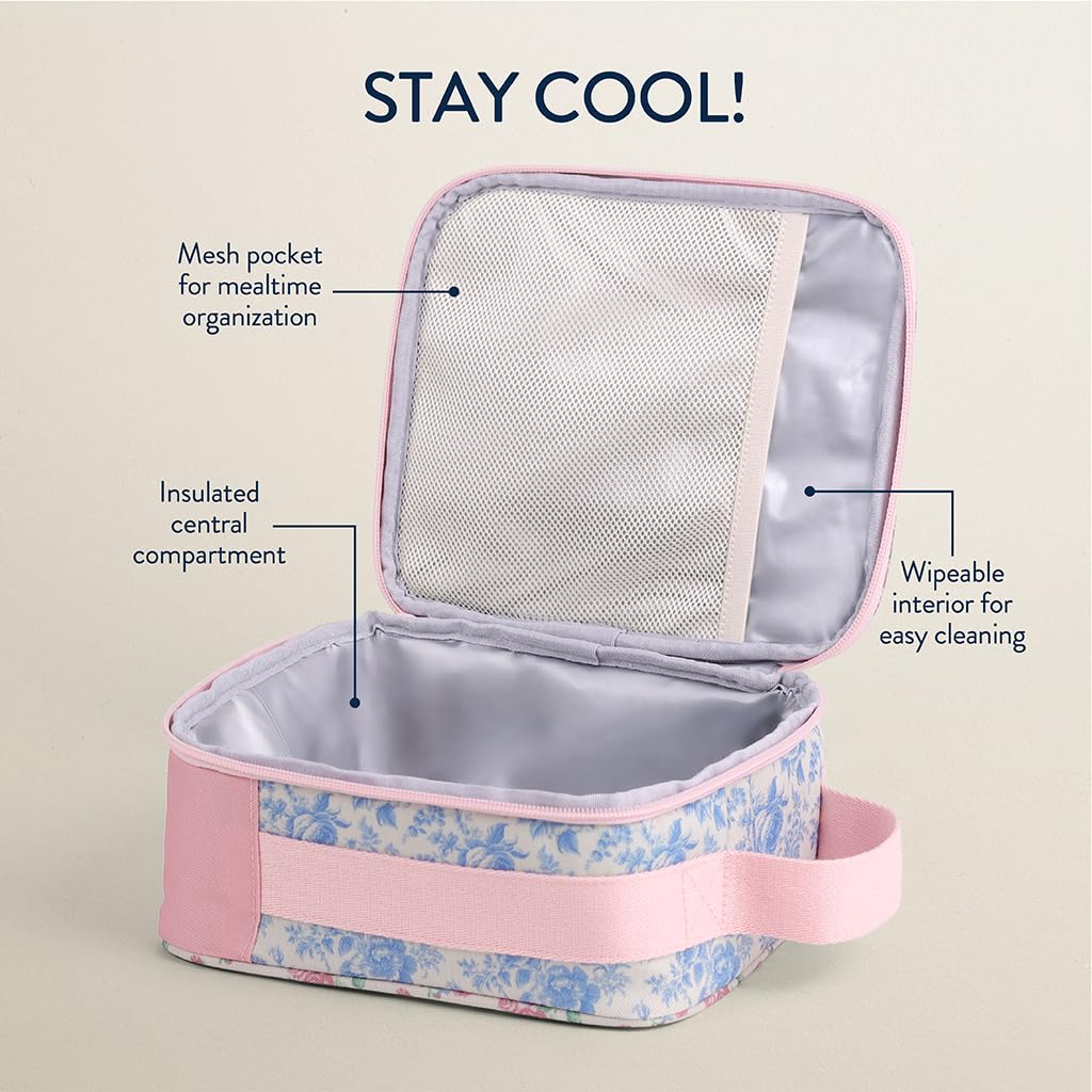 Itzy Ritzy - Fiambrera para niños pequeños - La lonchera para niños está aislada e incluye soporte para botellas de agua más 2 bolsillos, duradera y fácil de limpiar (cintas y rosas)