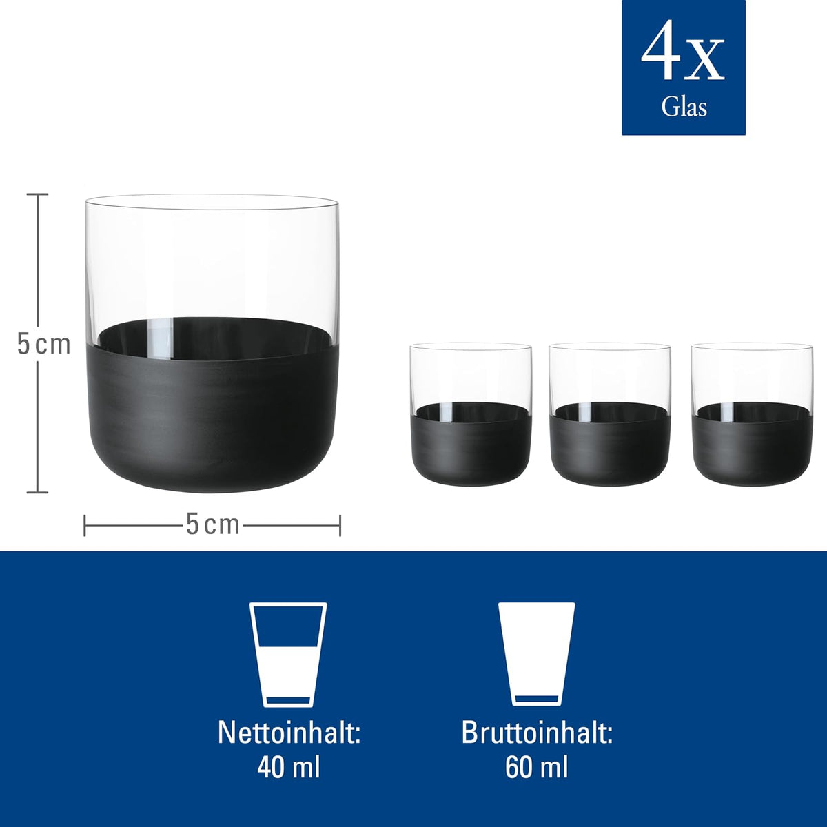 Villeroy & Boch - Manufacture Rock Juego de vasos de chupito y vaso de chupito, 4 unidades, vidrio con base negra mate, capacidad 40 ml