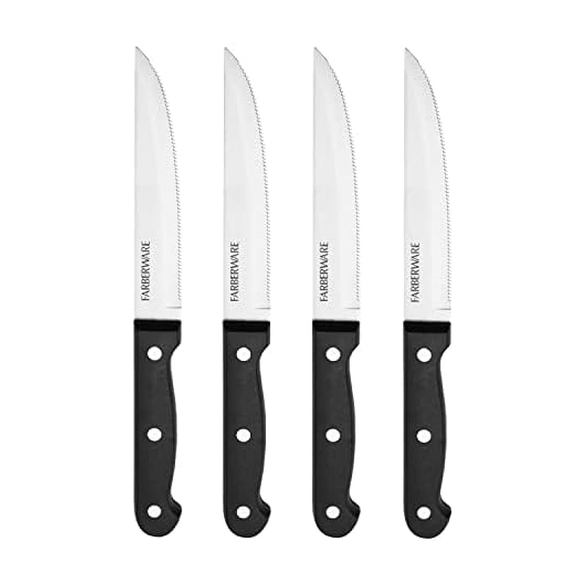 Farberware Juego de 4 cuchillos de carne de acero inoxidable con triple remache 'Never Needs Sharpening', color negro