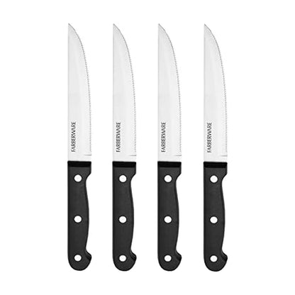Farberware Juego de 4 cuchillos de carne de acero inoxidable con triple remache 'Never Needs Sharpening', color negro