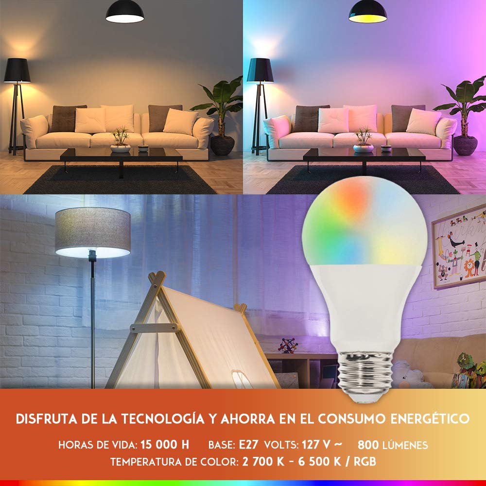 Tecnolite Connect - Paquete 3 Focos Inteligentes RGB WiFi y Bluetooth, Compatible con Alexa por la App Connect para Celular, Luz Fría y Cálida, Iluminación Interiores RGB