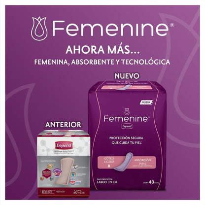 Depend Femenine Pantiprotector para Incontinencia. 400 Piezas. Ideal para goteo ligero. Absorción dual: absorbe orina y flujo menstrual. Cubierta interna adicionada con óxido de cobre, zinc y plata.
