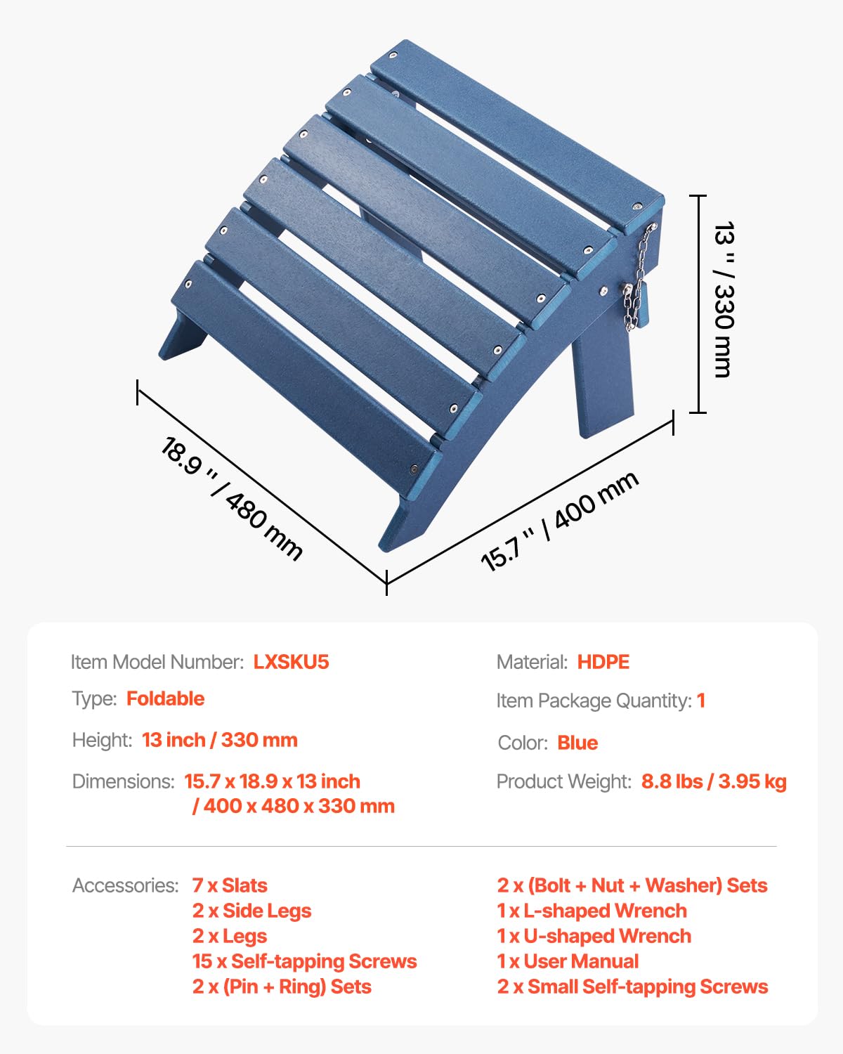 VEVOR Adirondack otomano, 15.7 pulgadas de largo x 18.9 pulgadas de ancho x 13 pulgadas de alto, otomana Adirondack plegable, resistente a la intemperie para silla Adirondack, ampliamente utilizado