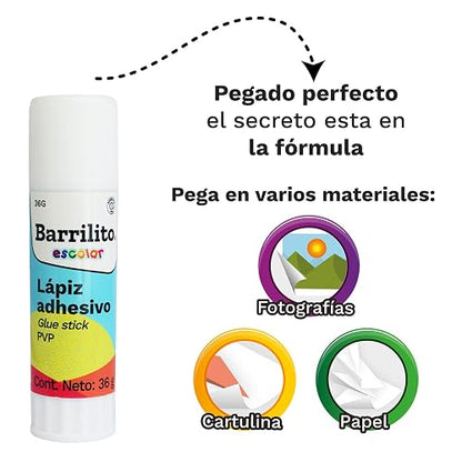 Barrilito Lápiz Adhesivo de 36 Gramos, Caja con 12 Piezas