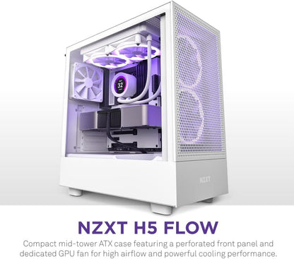 NZXT H5 Flow Compact ATX Mid-Tower PC Gaming Case – CC-H51FW-01- High Airflow Perforated Front Panel – Tempered Glass Side Panel – 2 x 120mm Fans Included – 280mm Radiator Support – Ｗhite
