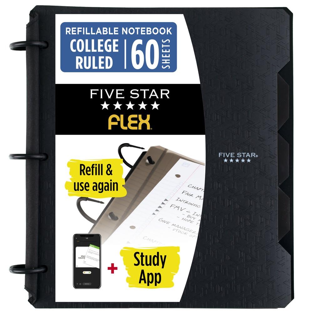 Five Star Flex Cuaderno Recargable, Papel Rayado, 200 Hojas - Negro