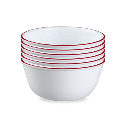 Corelle Vitrelle - Juego de 6 cuencos de vidrio, para sopa de cereales y postres, resistente a las virutas y ligero, juego de vajilla de tazón con banda roja de 28 onzas