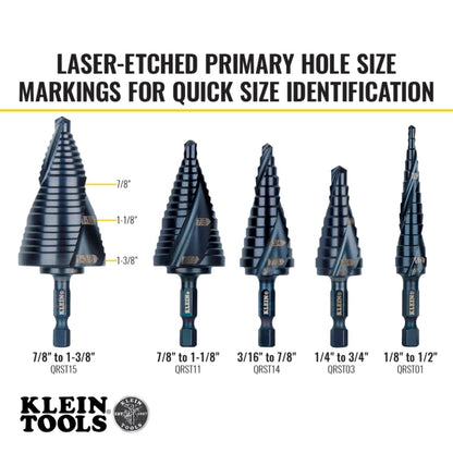 Klein Tools QRST15 Broca escalonada, espiral de liberación rápida, doble fluida, 7/8 a 1-3/8 pulgadas, vástago hexagonal, acero cortado, madera, plástico, aluminio