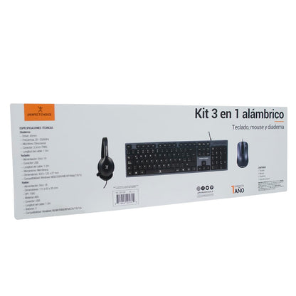 Perfect Choice Kit de Auriculares, Teclado y Mouse con Cable Kit 3 en 1 - Teclado inalámbrico de Membrana - Auriculares ergonómicos con micrófono omnidireccional - Mouse USB(Azul)