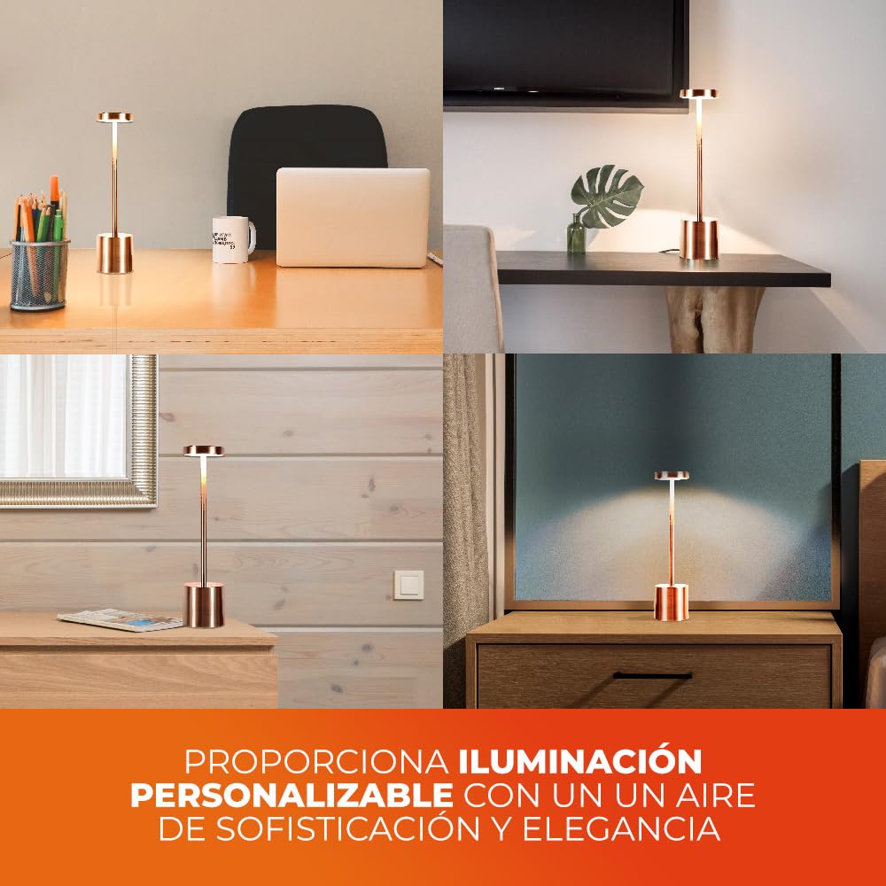 Tecnolite - Lámpara de Mesa LED 3 W Portátil, Recargable, Luz Blanca Ajustable y Atenuable Táctil, Lámpara Interior para Restaurante