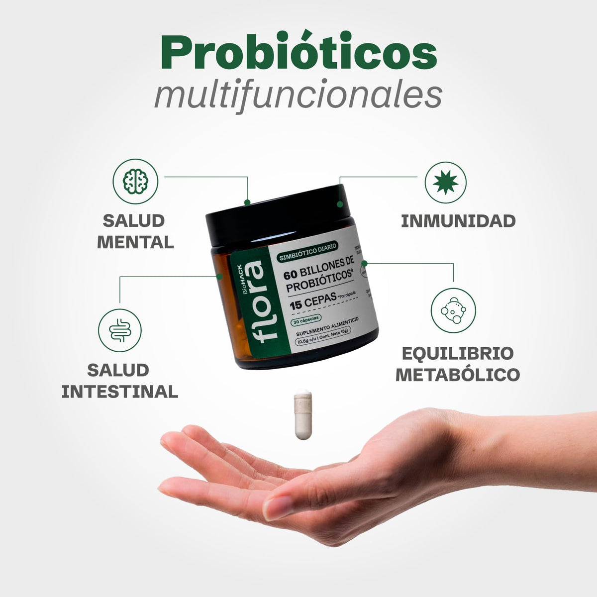 FLORA 01 | Simbiótico Diario | Probióticos 60 Billones UFC 15 Cepas | Apoyo Digestivo, Bienestar Intestinal y Metabolismo | 30 cápsulas.