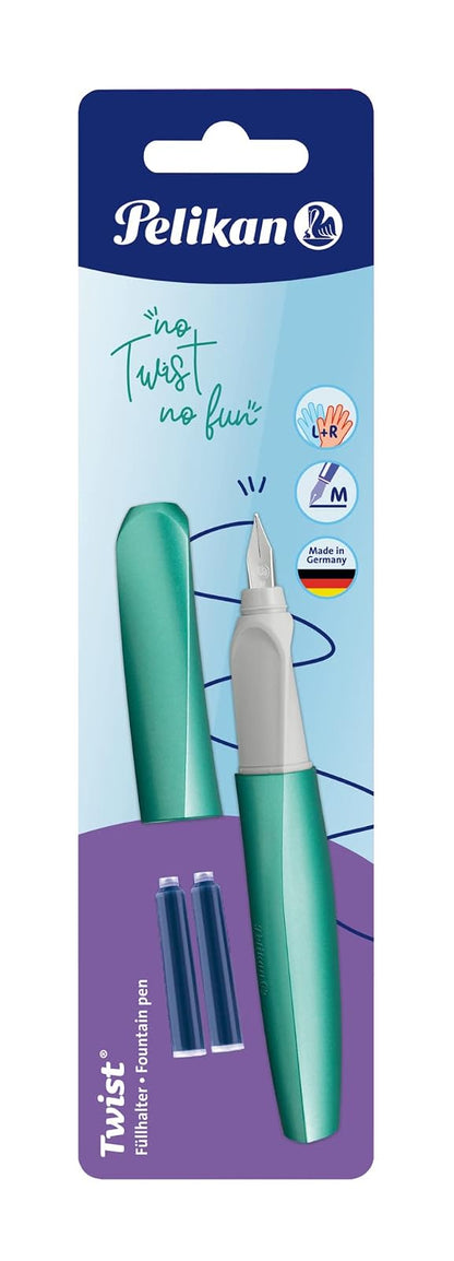 Pelikan Pluma Fuente Twist Verde Menta. Contiene dos cartuchos de respuesto. Ideal para caligrafía.