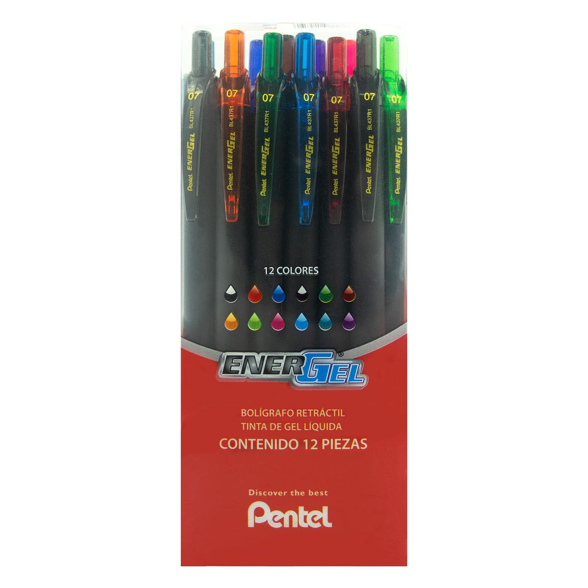 Pentel Energel Bolígrafo Tinta Gel Líquida, Retráctil, Punto Fino, 0.7 mm, Colores Surtidos, Caja con 12 Piezas,