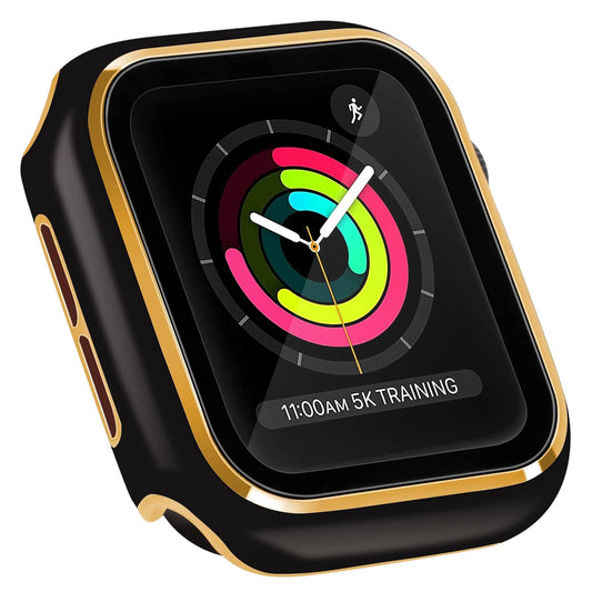 ORIbox Funda rígida de policarbonato con protector de visualización de vidrio templado compatible con Apple Watch Series 3 y Apple Watch Series 2, cobertura completa, cubierta protectora ultrafina HD, negro y oro rosa