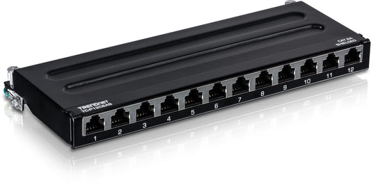 TRENDnet Panel de conexión blindado Cat6A de 12 puertos, listo para 10G, Cat5e, Cat6, Cat6A, carcasa de metal, etiquetado codificado por colores para cableado T568A y T568B, gestión de cables, montaje en pared, negro, TC-P12C6AS