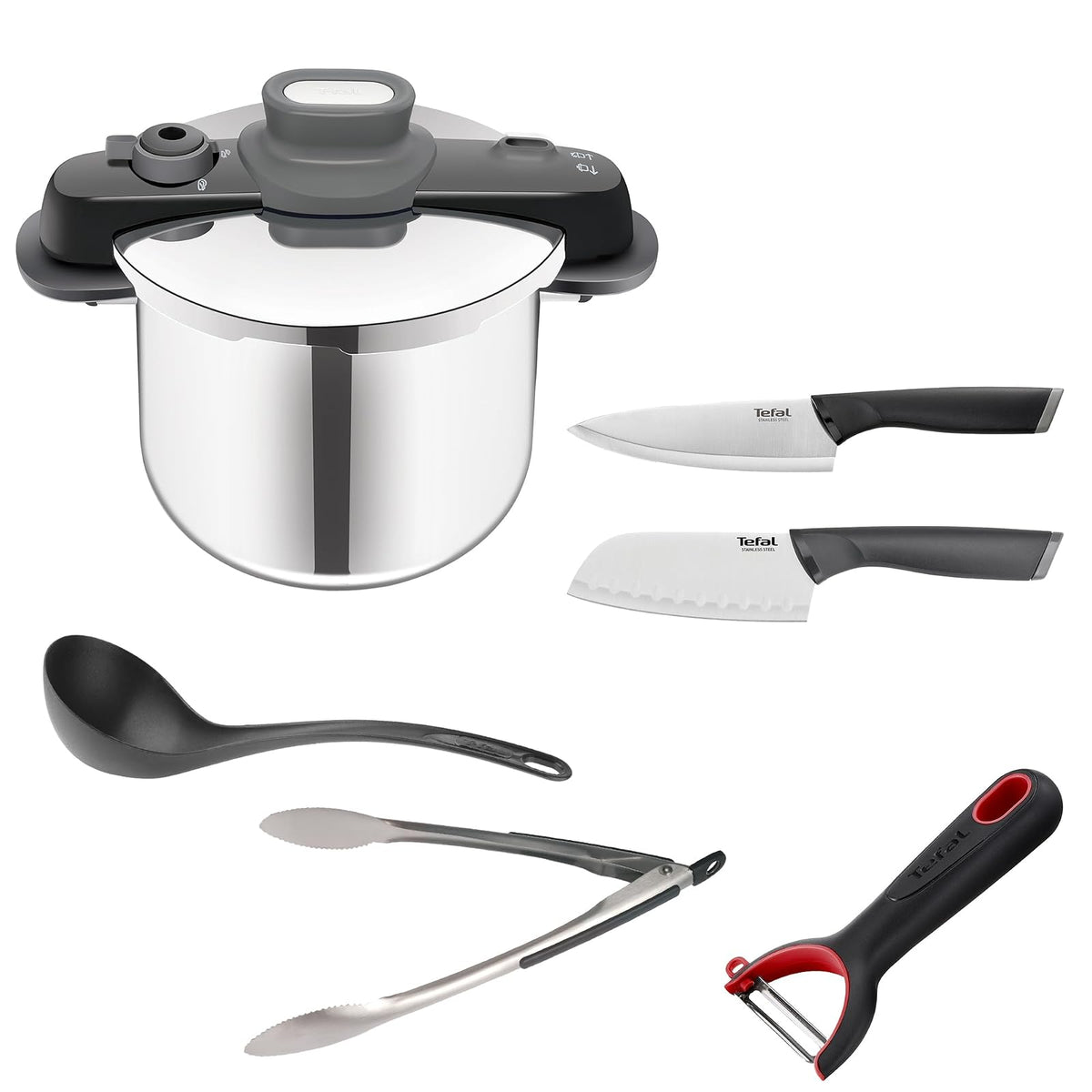 T-fal Súper Combo Premium con Olla a presión de Acero Compact Easy 6L + Set de dos cuchillos + Cucharón + Pinzas de cocina + Pelador, P3530733M