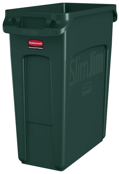Rubbermaid Commercial Products Slim Jim® – Contenedor de Basura de Alta Resistencia, Bote con Canales de Ventilación y Cinchos para Fácil Extracción de Bolsas, Capacidad de 61 L, Verde 1955960 - verde - 1 paquete