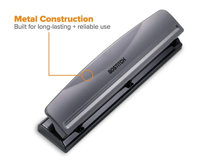 Bostitch Office Premium - Perforador de 3 agujeros, capacidad de 12 hojas, metal, base de goma, bandeja de fácil limpieza, plata, gris