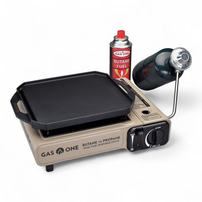 GasOne GS-3400P-KIT Estufa de gas propano o butano con plancha superior plana incluida, quemadores de estufa de doble combustible para cocinar para camping, cocina, aluminio fundido a presión con