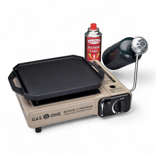 GasOne GS-3400P-KIT Estufa de gas propano o butano con plancha superior plana incluida, quemadores de estufa de doble combustible para cocinar para camping, cocina, aluminio fundido a presión con
