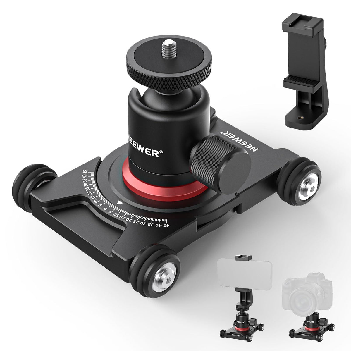 NEEWER Slider de Cámara Dolly con Rótula & Pinza para Celular, 4 Wheeled | SD001, Carro de Mesa, Patinador Manual, Panorama de 360°, para DSLR Cámara Video Videocámara GoPro iPhone Android Smartphone